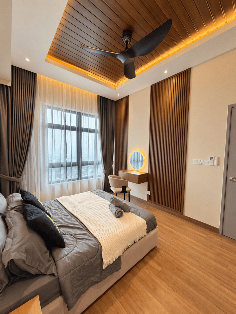 Polished warm walnut bedroom